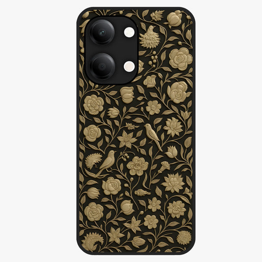 Golden Floral Majesty Glass Case showing flat back view with luxurious golden floral artwork and glossy glass finish.