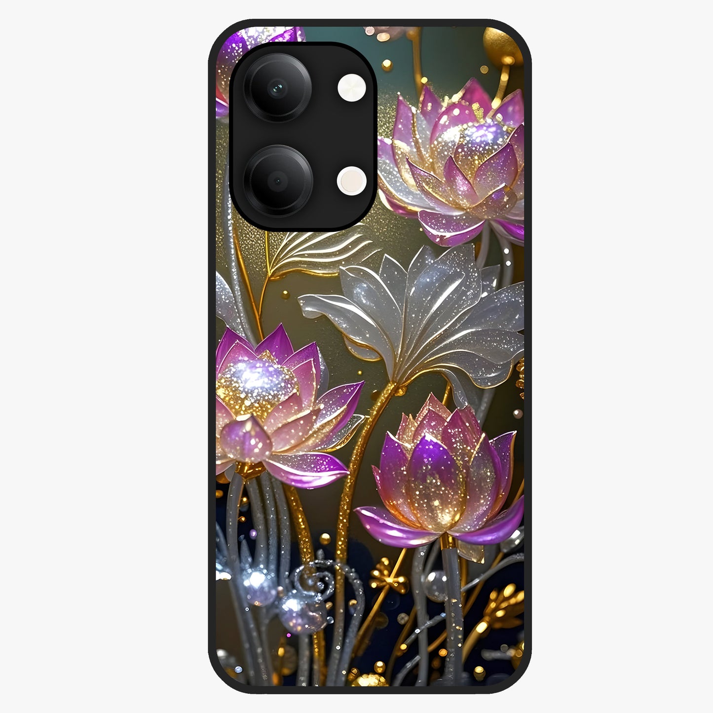 Golden Lotus Glow Glass Case showing flat back view with glowing lotus flower artwork and glossy glass finish.