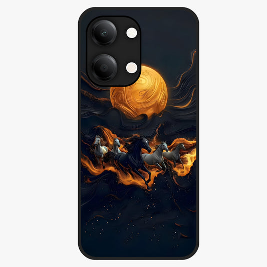 Golden Stallion Moonride Glass Case showing flat back view with majestic horse under moonlight artwork and glossy glass finish.