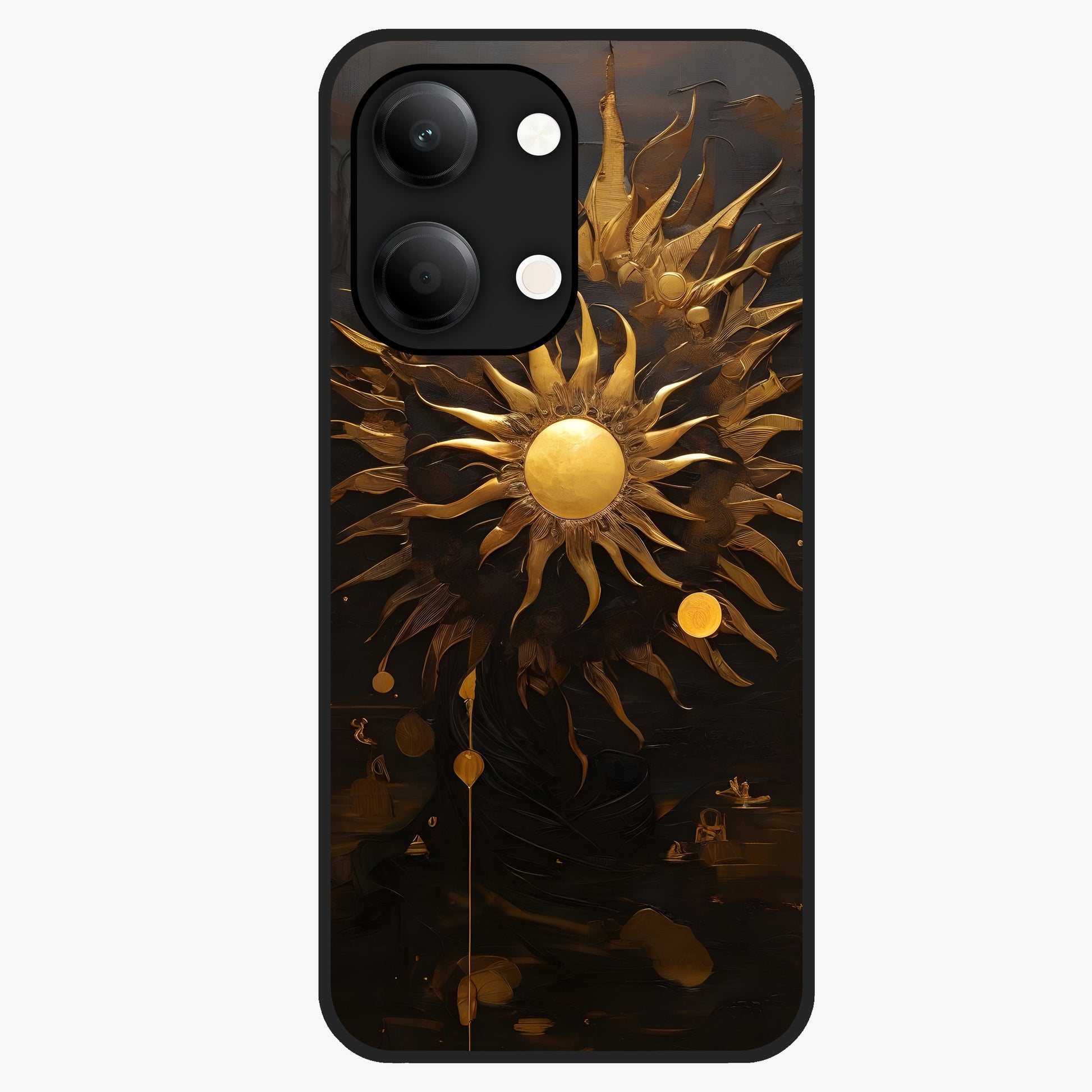 Golden Sun Majesty Glass Case showing flat back view with radiant golden sun artwork and glossy glass finish.