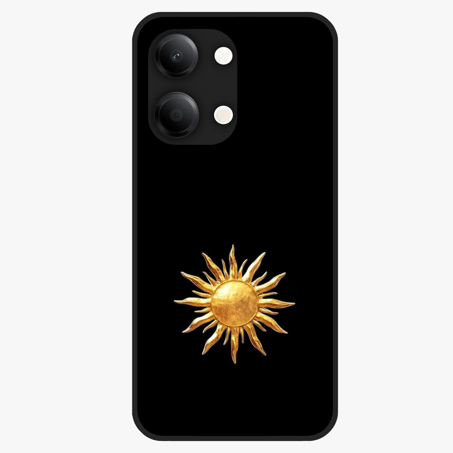 Golden Sun Minimalism Glass Case showing flat back view with minimal golden sun artwork and glossy glass finish.