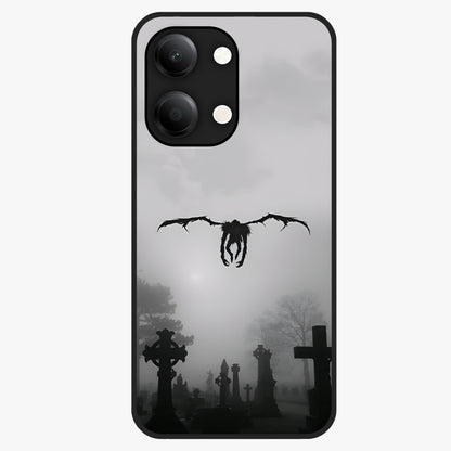 Graveyard Shadow Descent Glass Case showing flat back view with dark graveyard themed artwork and glossy glass finish.