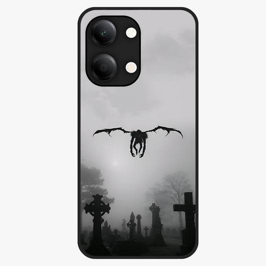 Graveyard Shadow Descent Glass Case showing flat back view with dark graveyard themed artwork and glossy glass finish.
