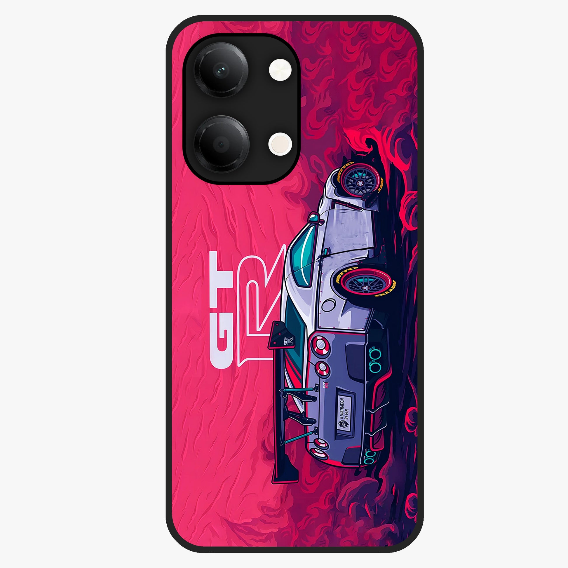 GT-R Car Pattern Glass Case showing flat back view with sporty car inspired pattern artwork and glossy glass finish.