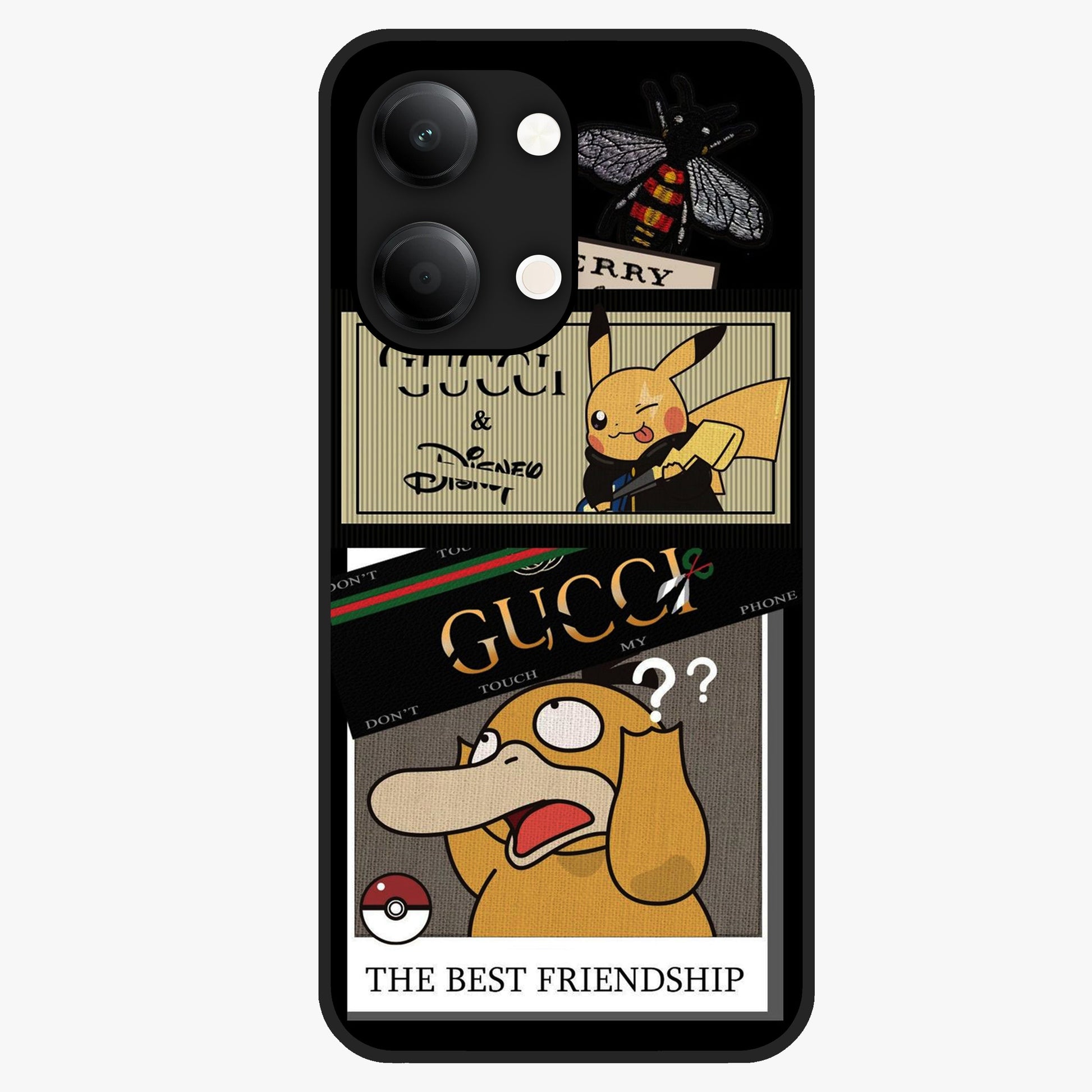 Gucci Play Mashup Glass Case showing flat back view with luxury inspired graphic artwork and glossy glass finish.