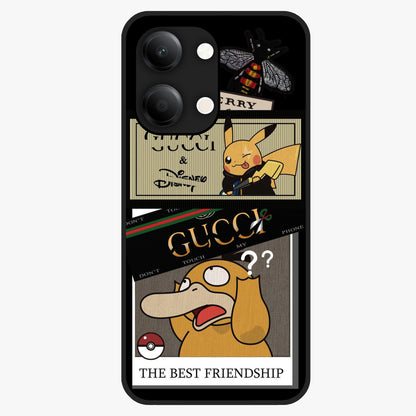 Gucci Play Mashup Glass Case showing flat back view with luxury inspired graphic artwork and glossy glass finish.