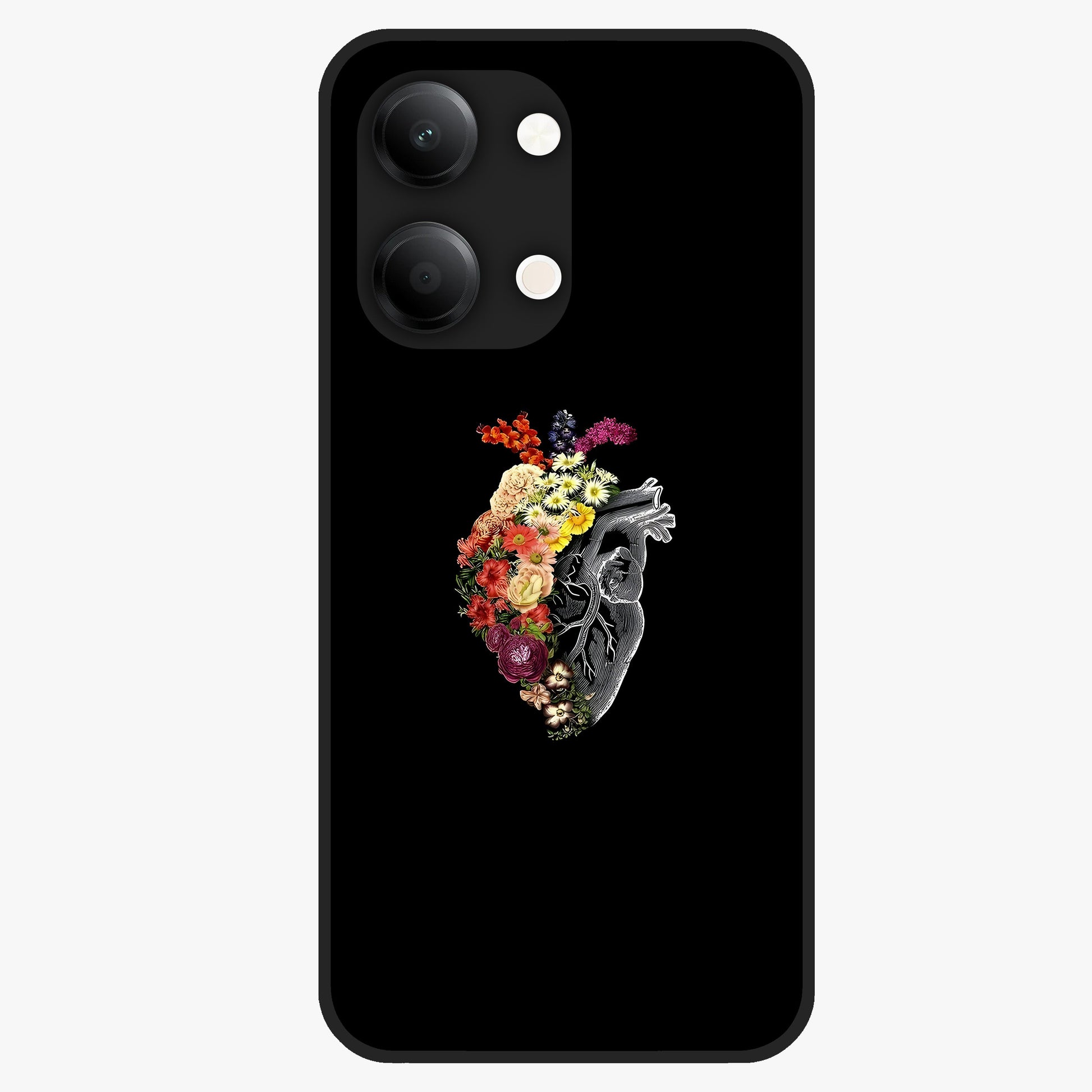 Heart With Flowers Glass Case showing flat back view with heart shaped floral artwork and glossy glass finish.