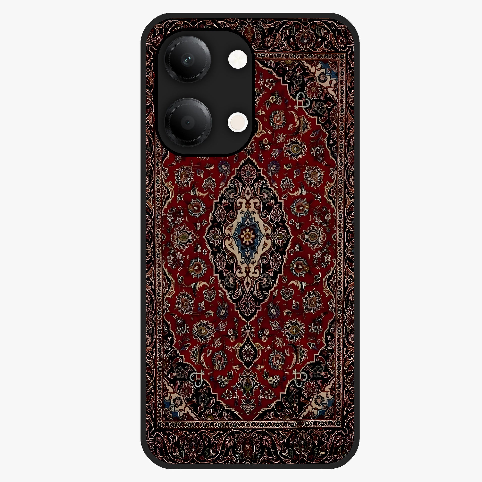 Heritage Carpet Royale Glass Case showing flat back view with ornate Persian carpet inspired pattern and glossy glass finish.