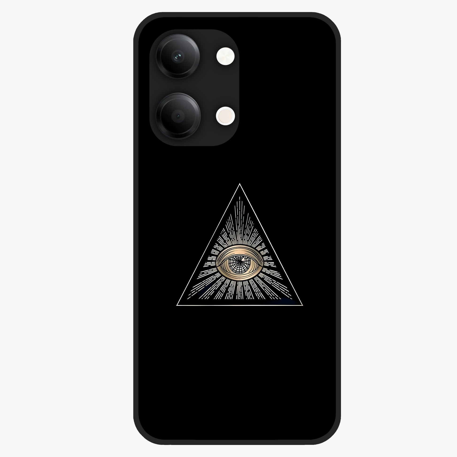 Illuminati Evil Glass Case showing flat back view with mysterious illuminati symbol artwork and glossy glass finish.