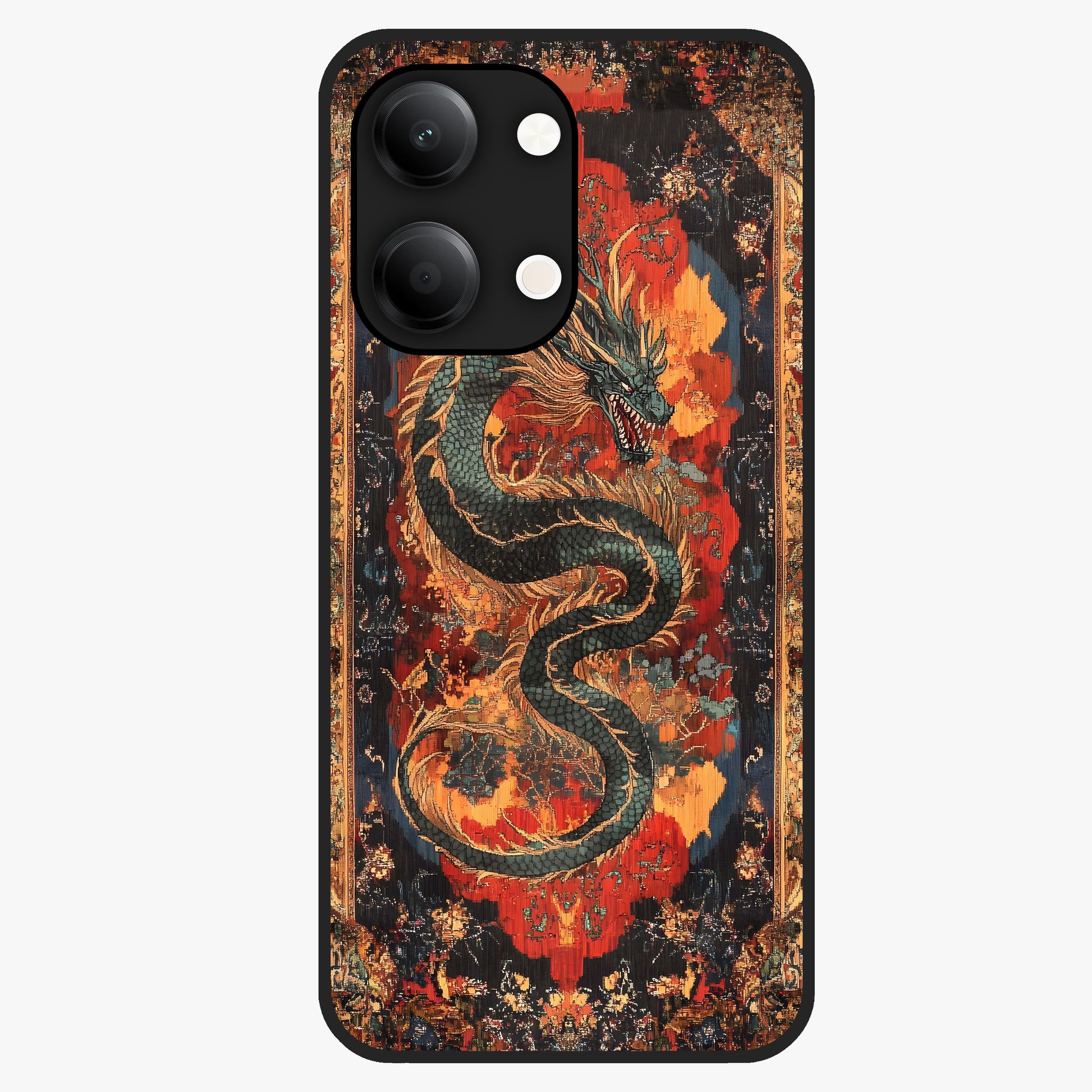 Inferno Dragon Soul Glass Case showing flat back view with fiery dragon artwork and glossy glass finish.