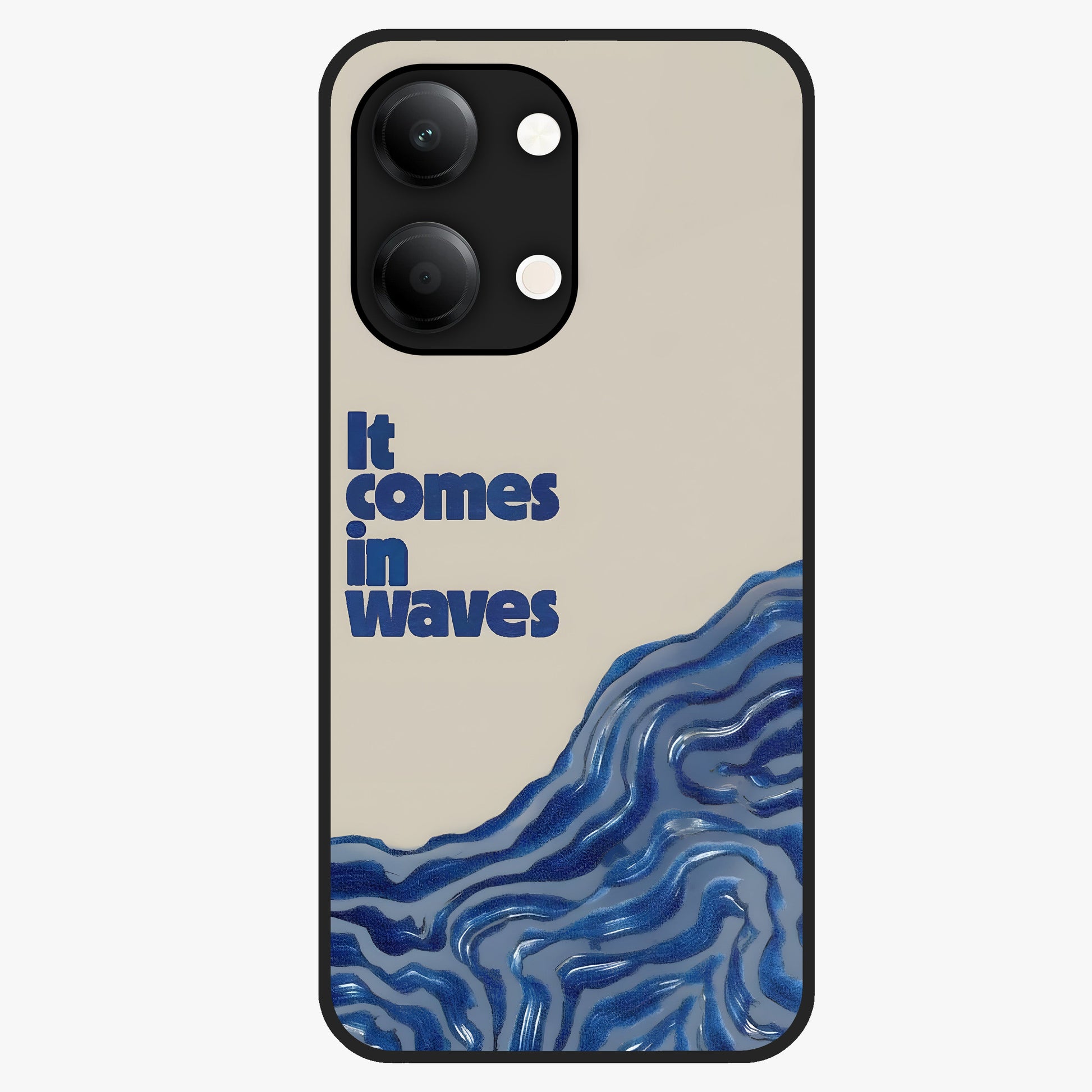 It Comes In Waves Quote Glass Case showing flat back view with inspirational wave themed quote artwork and glossy glass finish.