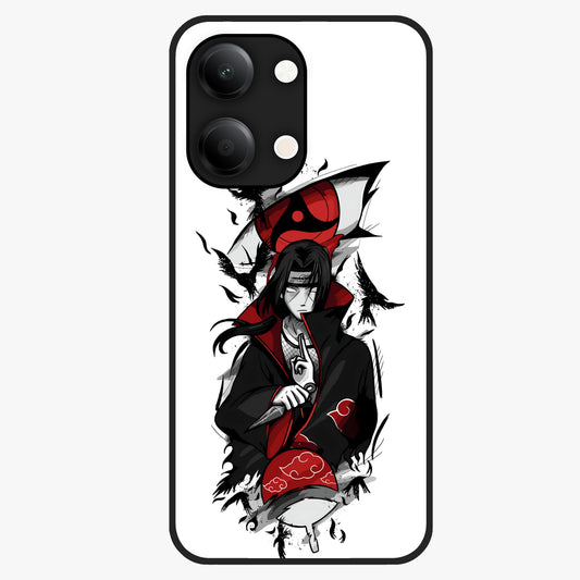 Itachi Sharingan Glass Case showing flat back view with powerful anime eye artwork and glossy glass finish.