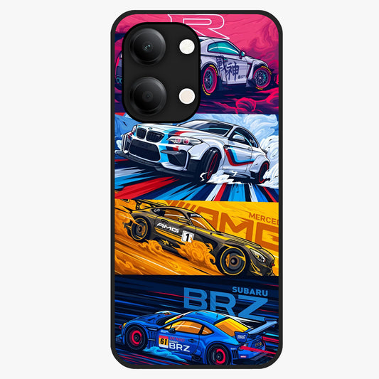 JDM Sports Car Glass Case showing flat back view with high performance sports car artwork and glossy glass finish.