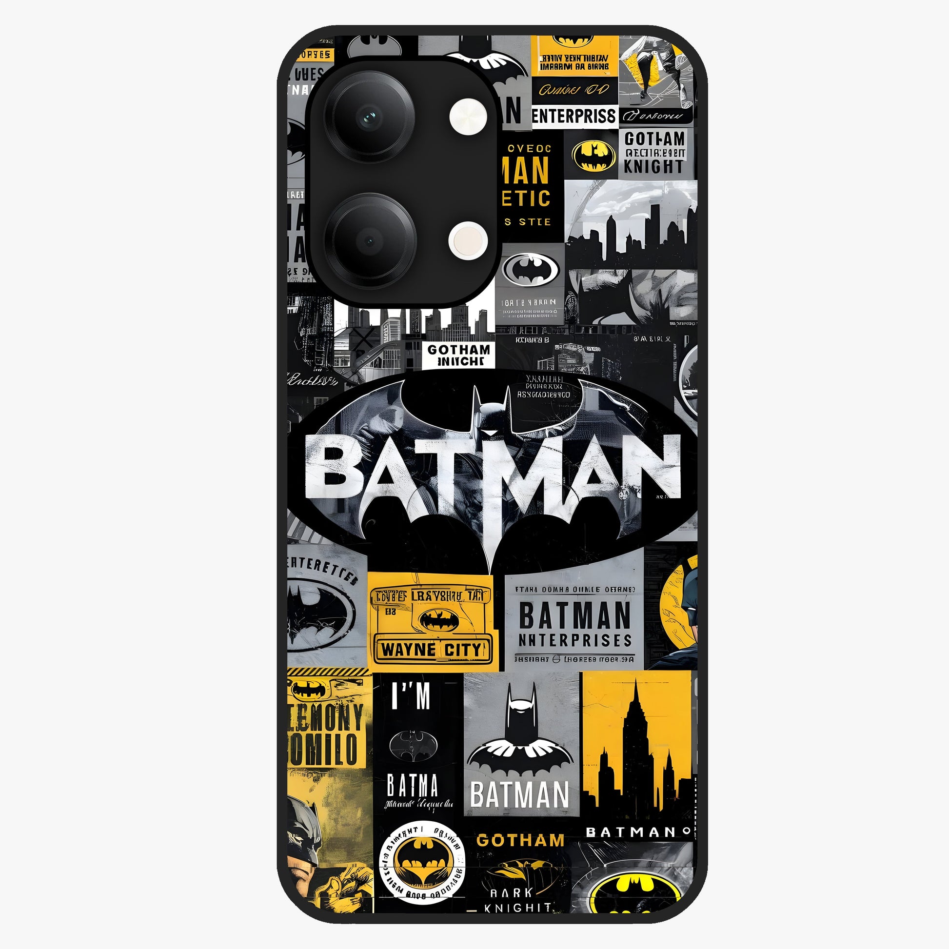 Knight Gotham Rise Glass Case showing flat back view with dark hero inspired artwork and glossy glass finish.