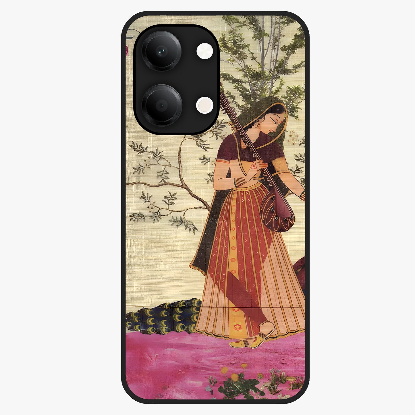Lady With Veena Art Glass Case showing flat back view with elegant woman playing veena artwork and glossy glass finish.
