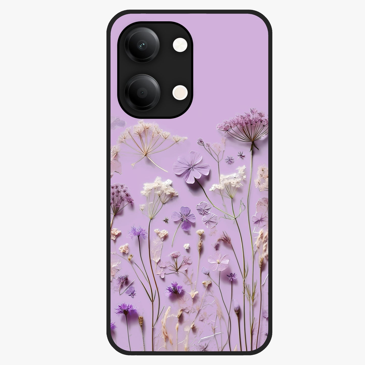 Lavender Blossom Dream Glass Case showing flat back view with soft lavender floral artwork and glossy glass finish.