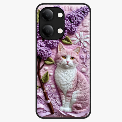 Lavender Cat Whimsy Glass Case showing flat back view with cute lavender cat artwork and glossy glass finish.