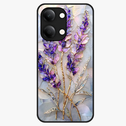 Lavender Dream Glow Glass Case showing flat back view with glowing lavender aesthetic artwork and glossy glass finish.