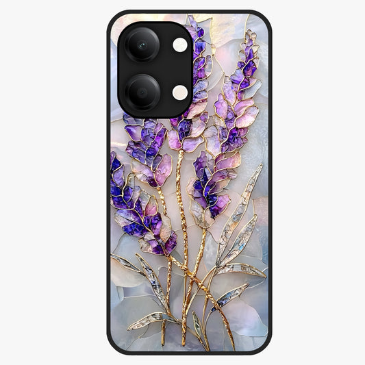 Lavender Dream Glow Glass Case showing flat back view with glowing lavender aesthetic artwork and glossy glass finish.