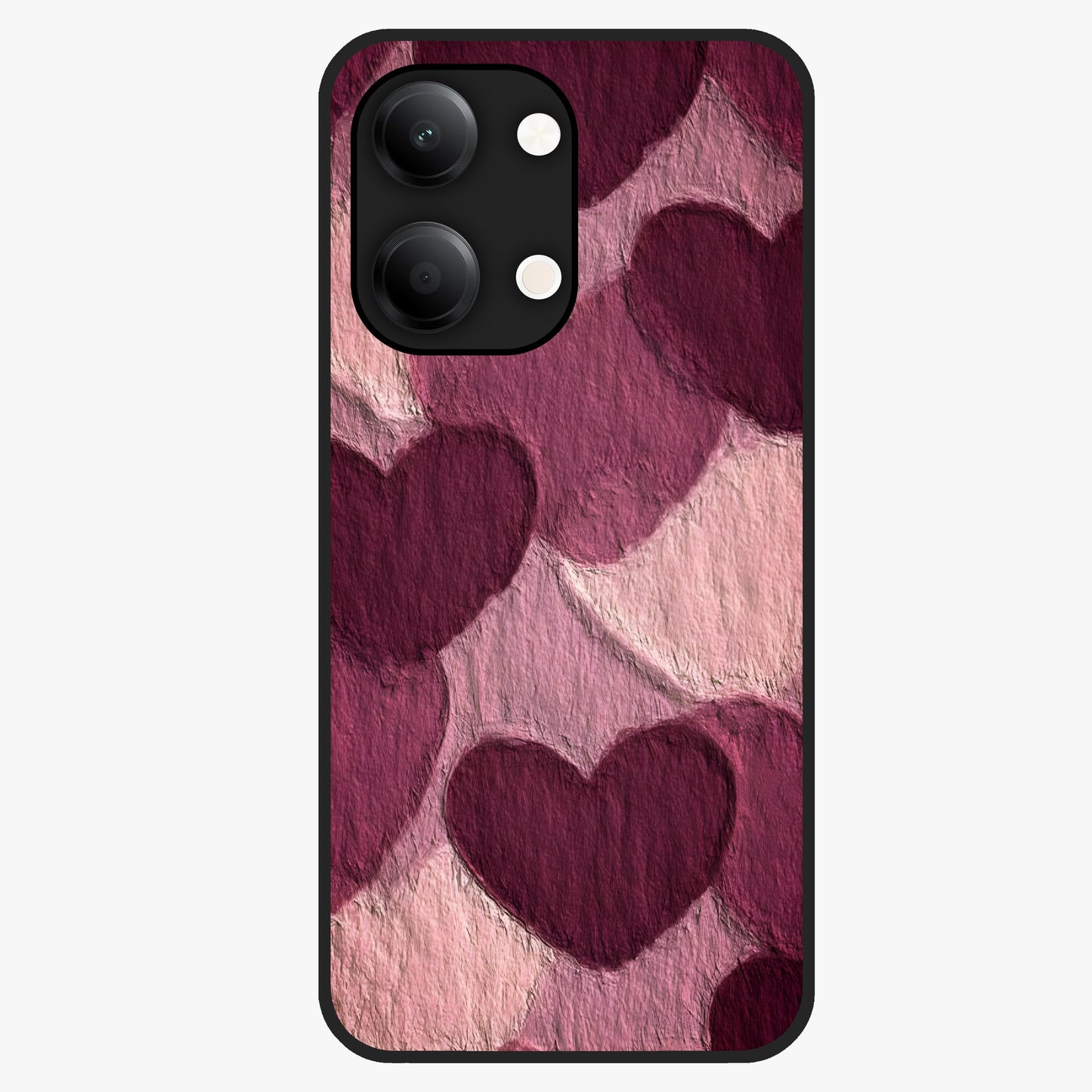 Layered Paper Hearts Glass Case showing flat back view with layered paper heart artwork and glossy glass finish.