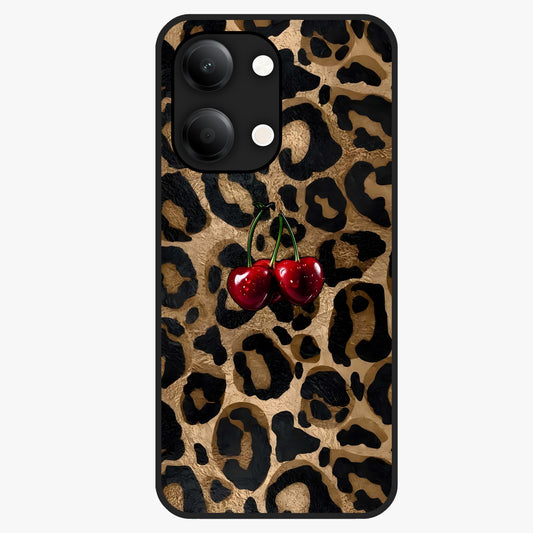 Leopard Wild Cherry Glass Case showing flat back view with leopard pattern and cherry artwork and glossy glass finish.
