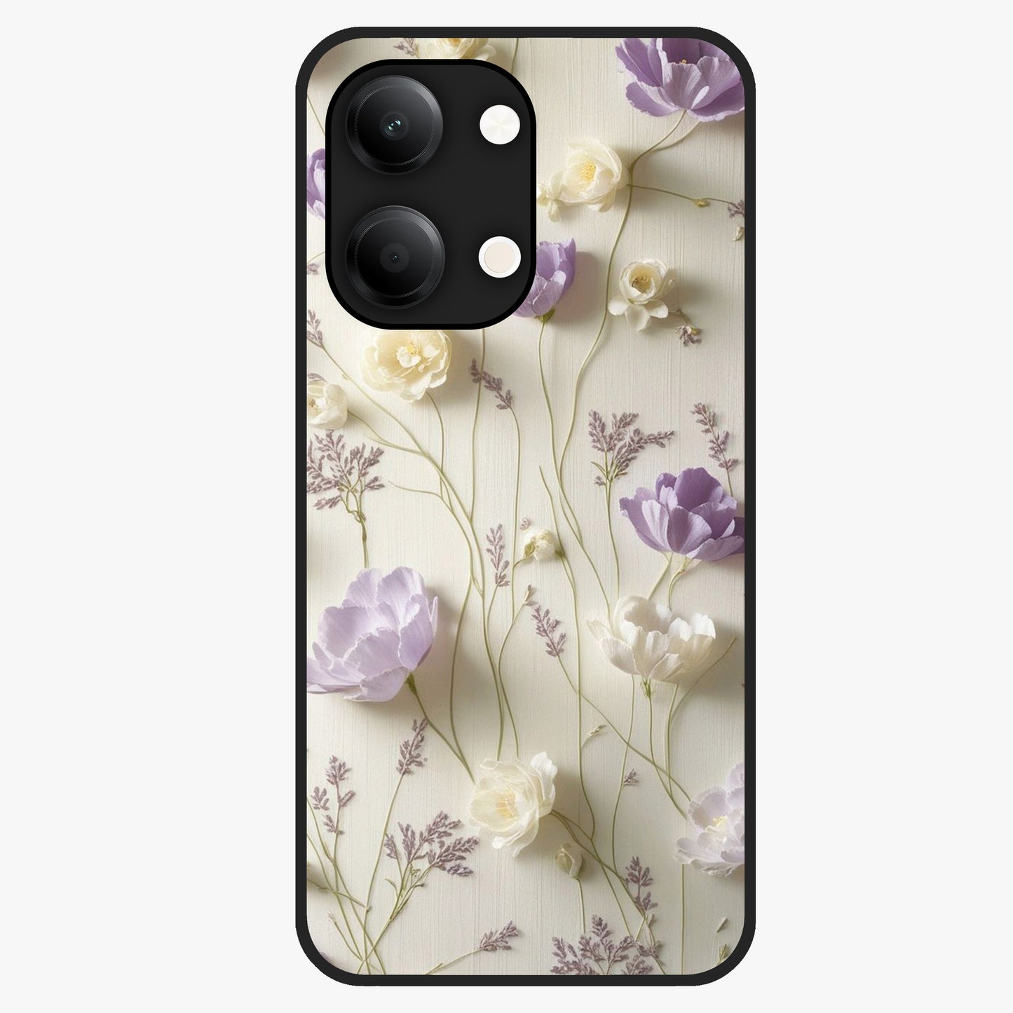 Lilac Breeze Harmony Glass Case showing flat back view with soft lilac themed artwork and glossy glass finish.