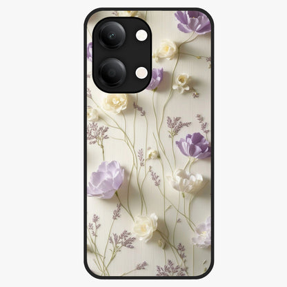 Lilac Breeze Harmony Glass Case showing flat back view with soft lilac themed artwork and glossy glass finish.