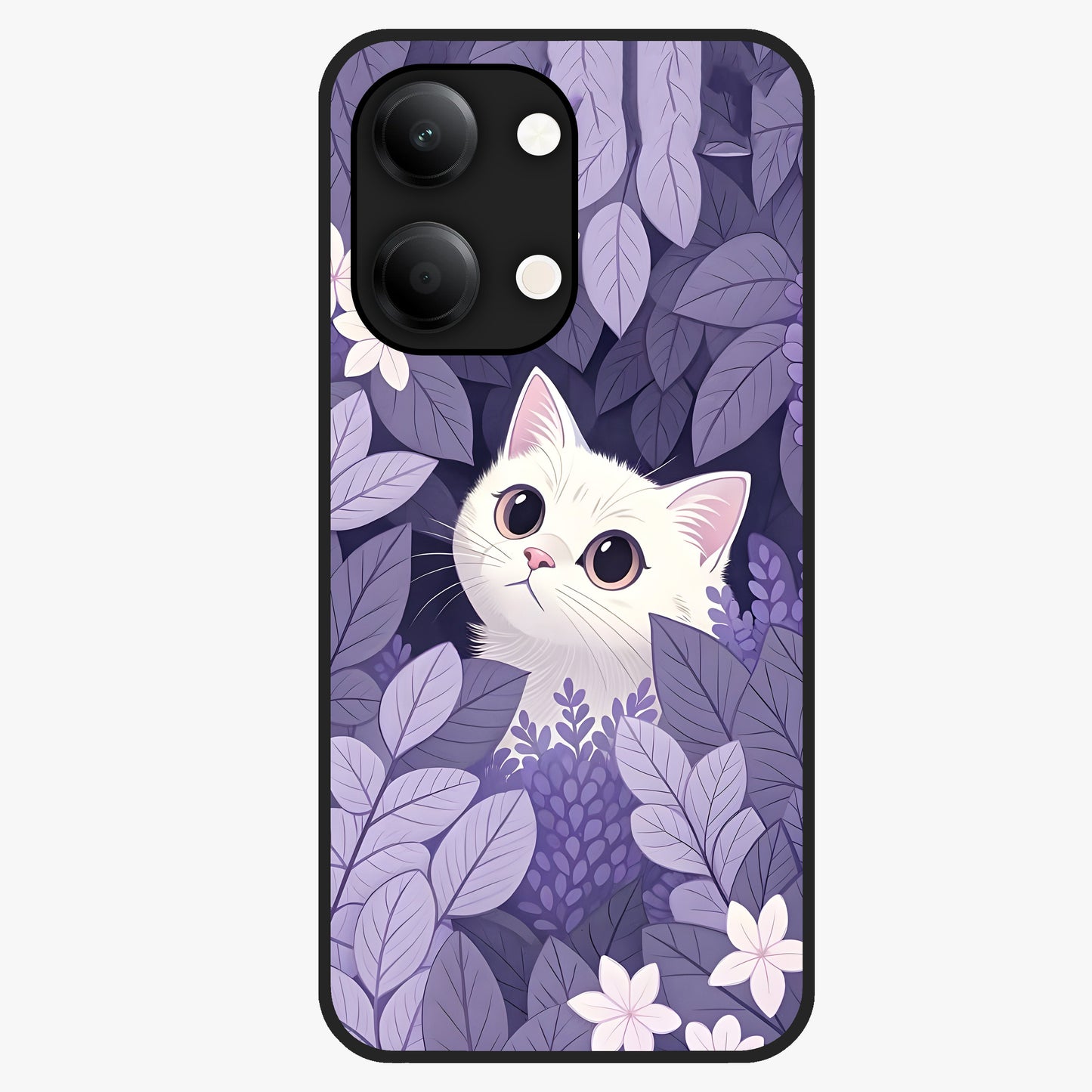 Lilac Hide Peek Cat Glass Case showing flat back view with cute peeking cat artwork and glossy glass finish.