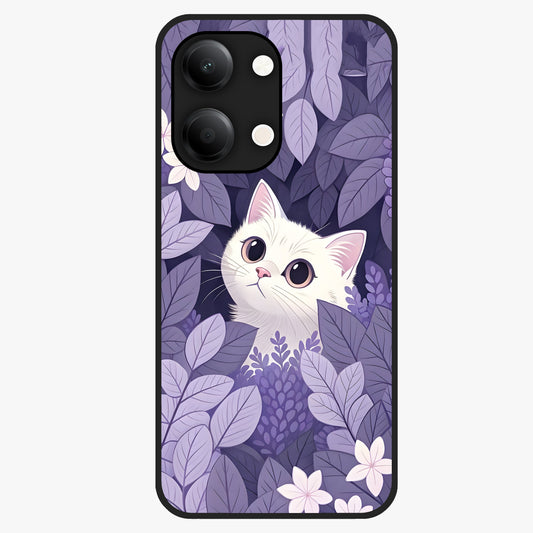 Lilac Hide Peek Cat Glass Case showing flat back view with cute peeking cat artwork and glossy glass finish.