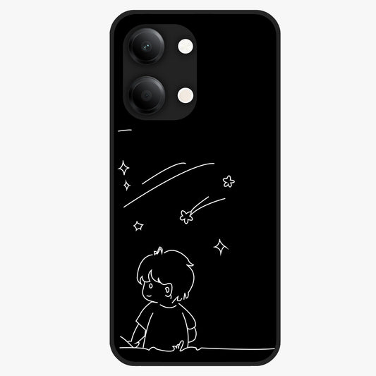 Line Art Boy With Shooting Stars Glass Case showing flat back view with minimal line art boy and shooting stars illustration and glossy glass finish.