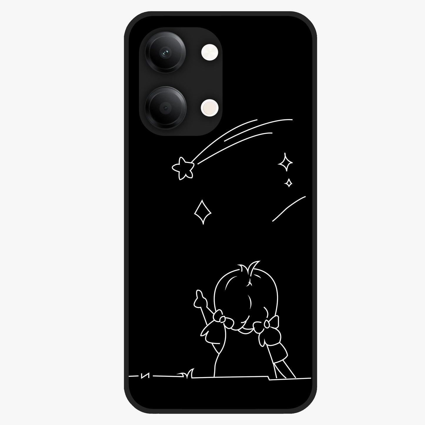 Line Art Girl With Shooting Stars Glass Case showing flat back view with minimal line art girl and shooting stars illustration and glossy glass finish.