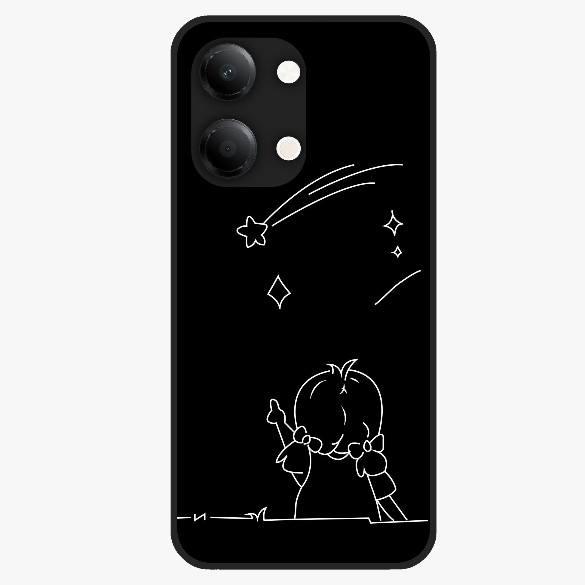 Line Art Girl With Shooting Stars Glass Case showing flat back view with minimal line art girl and shooting stars illustration and glossy glass finish.
