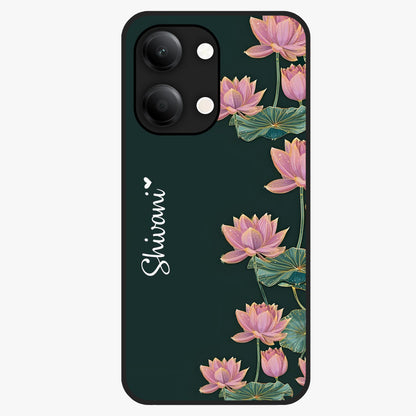 Lotus Bloom Serenity Custom Name Glass Case showing flat back view with elegant lotus flower artwork and personalized name design.