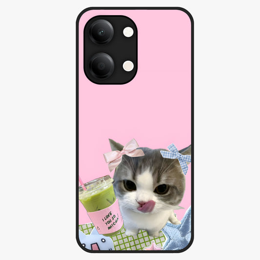 Love Matcha Cat Glass Case showing flat back view with cute cat and matcha themed artwork and glossy glass finish.