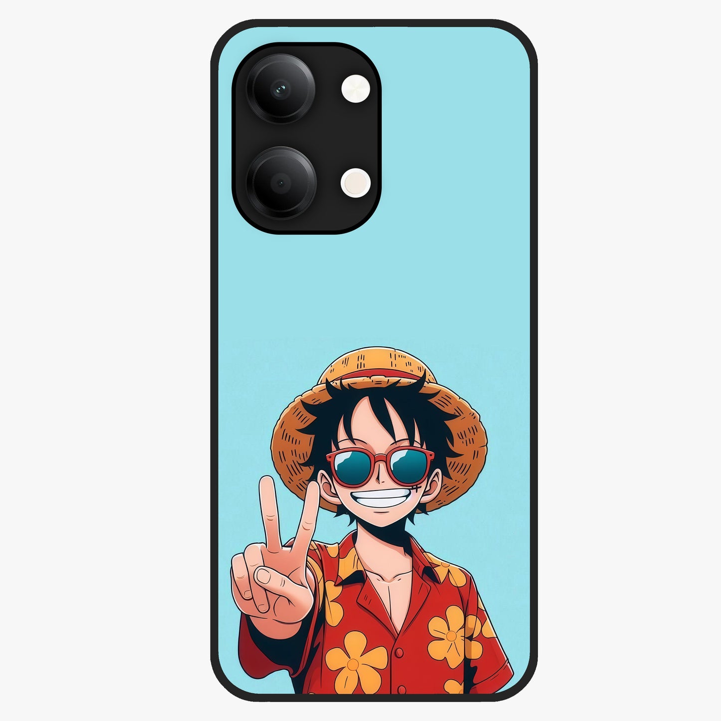 Luffy Summer Anime Vibe Glass Case showing flat back view with vibrant anime character artwork and glossy glass finish.