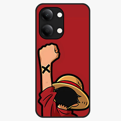 Luffy X Spirit Glass Case showing flat back view with bold anime character artwork and glossy glass finish.