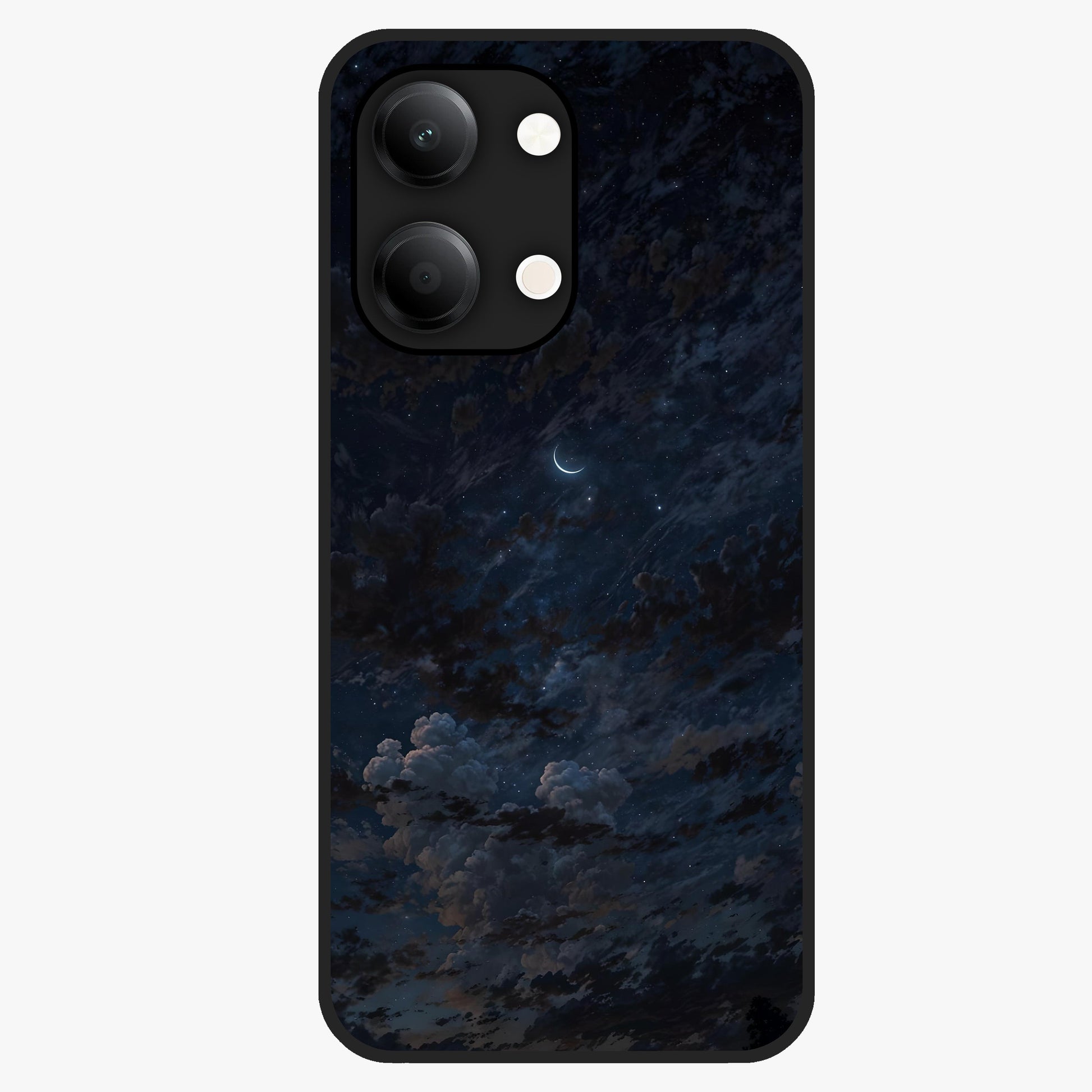 Lunar Veil Silence Glass Case showing flat back view with mystical moon veil artwork and glossy glass finish.