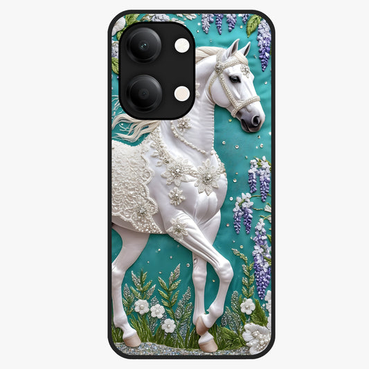 Majestic Floral Stallion Glass Case showing flat back view with powerful horse and floral artwork and glossy glass finish.
