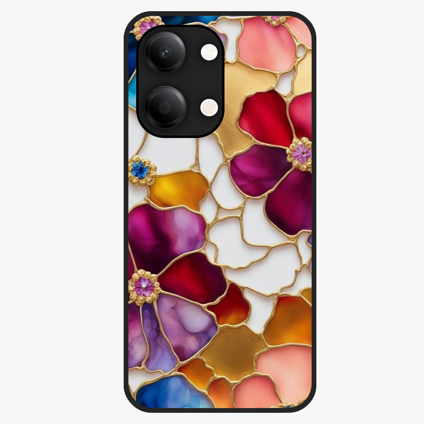 Marble Flower Pattern Glass Case showing flat back view with marble texture floral artwork and glossy glass finish.