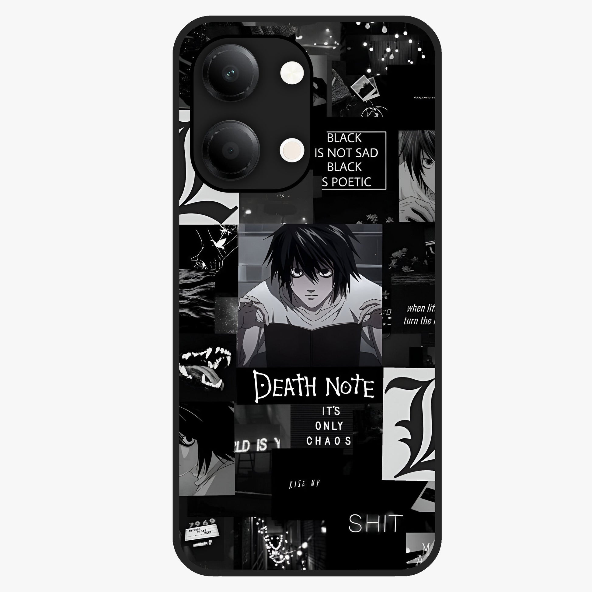 Midnight Chaos Mind Glass Case showing flat back view with abstract dark themed artwork and glossy glass finish.