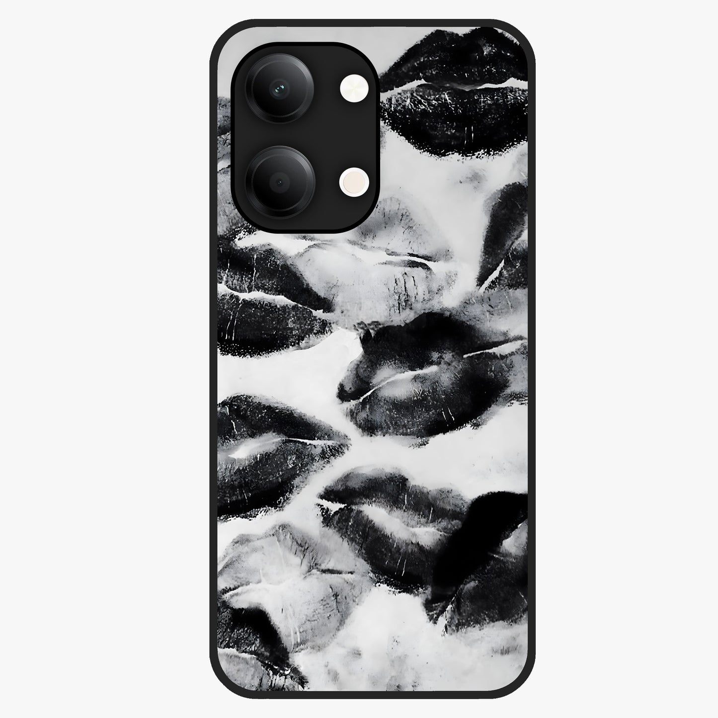 Midnight Kiss Marks Glass Case showing flat back view with lipstick kiss mark artwork and glossy glass finish.