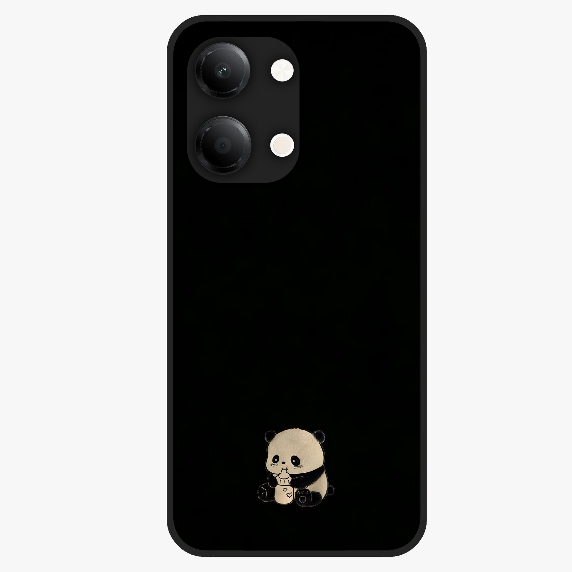 Midnight Panda Love Glass Case showing flat back view with cute panda themed artwork and glossy glass finish.