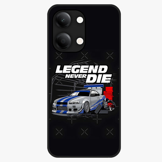 Midnight Racing Legacy Glass Case showing flat back view with sleek racing inspired artwork and glossy glass finish.
