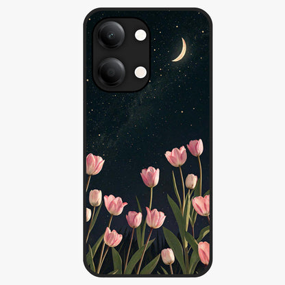 Midnight Tulip Whispers Vibe Glass Case showing flat back view with elegant tulip flower artwork and glossy glass finish.