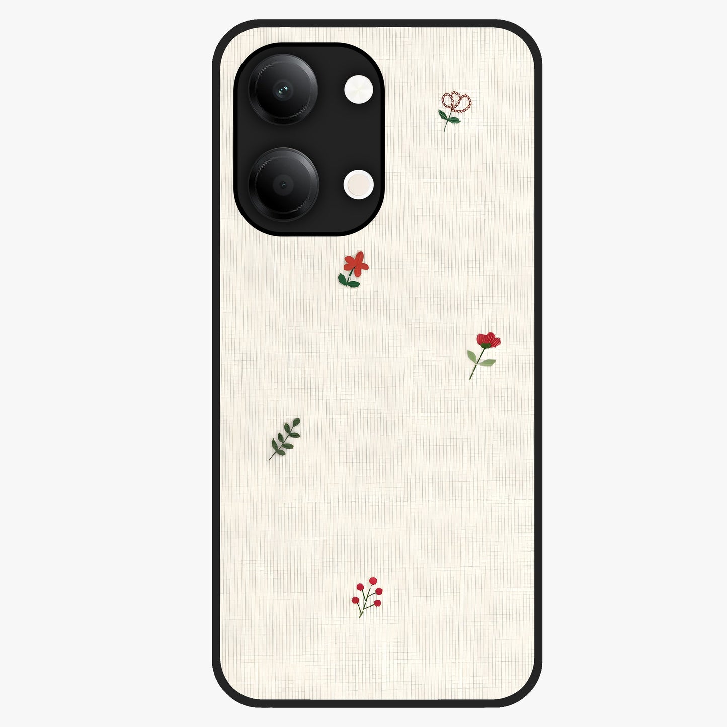Minimal Petal Whispers Glass Case showing flat back view with soft minimal floral artwork and glossy glass finish.