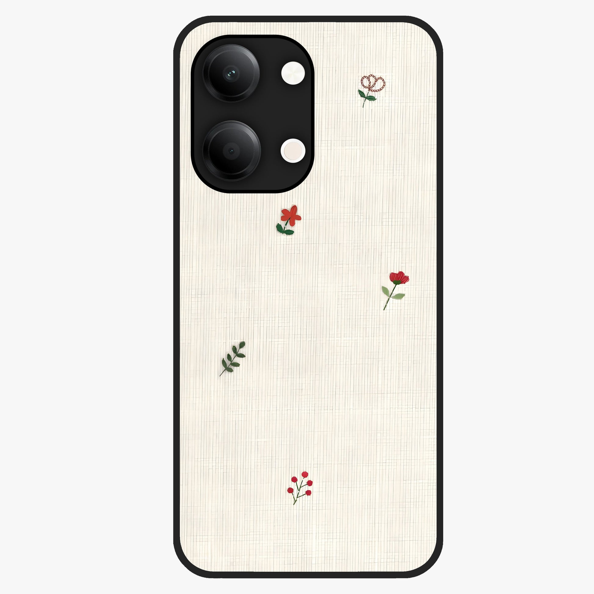 Minimal Petal Whispers Glass Case showing flat back view with soft minimal floral artwork and glossy glass finish.