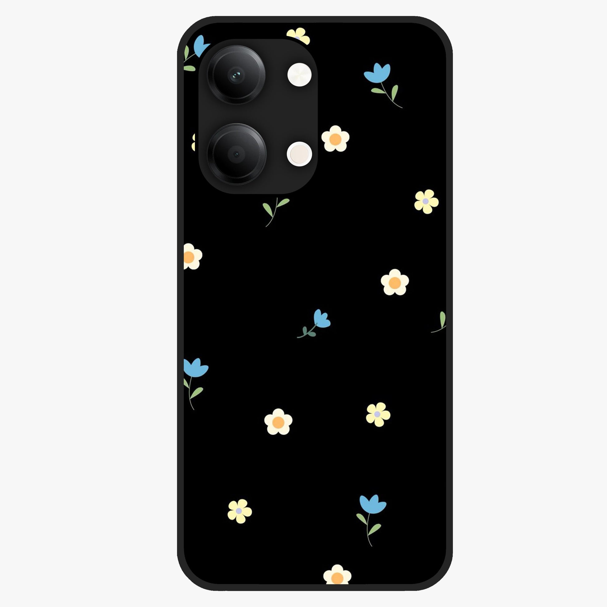 Minimalistic Blue With White Flower Pattern Glass Case showing flat back view with blue background and white flower pattern and glossy glass finish.