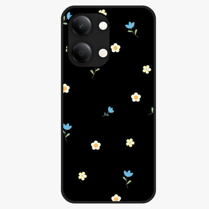 Minimalistic Blue With White Flower Pattern Glass Case showing flat back view with blue background and white flower pattern and glossy glass finish.