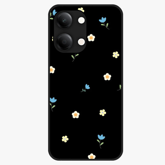 Minimalistic Blue With White Flower Pattern Glass Case showing flat back view with blue background and white flower pattern and glossy glass finish.