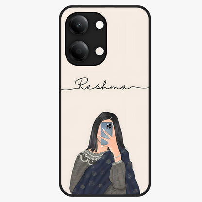Mirror Mood Muse With Custom Name Glass Case showing flat back view with stylish mirrored artwork and personalized name design.